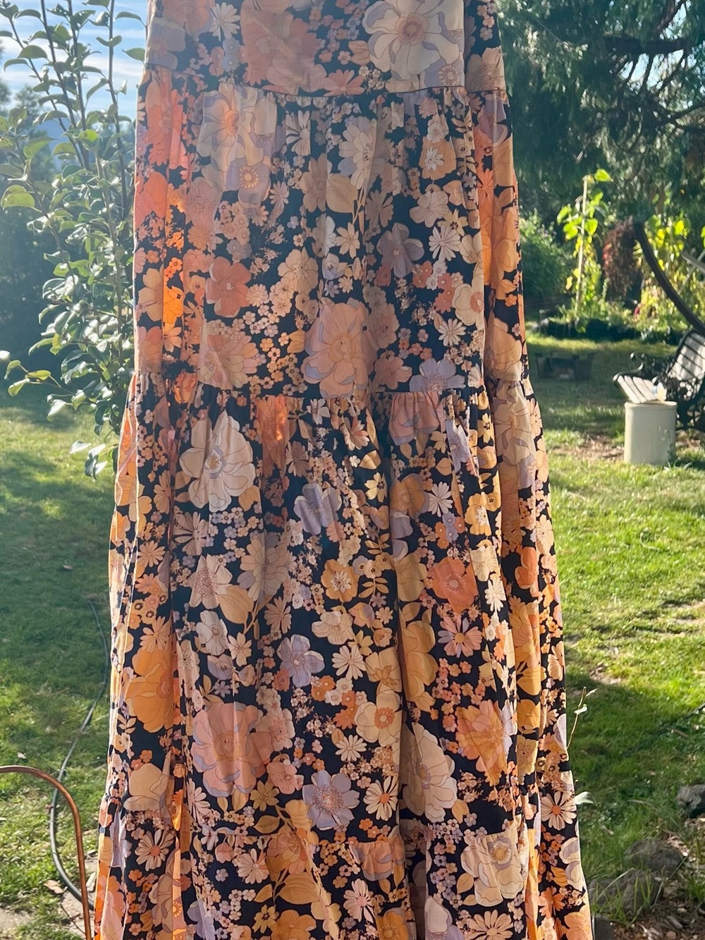 Free People Floral Tiered Maxi Skirt in Navy and Peach Tones